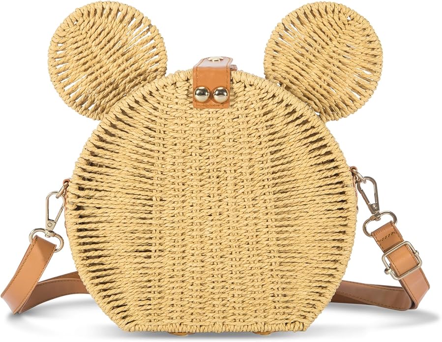 Round Rattan Straw Bag Purse for Women Handmade Cute Mouse Ear Wicker Woven Purse Crossbody Shoulder Bag Handbag