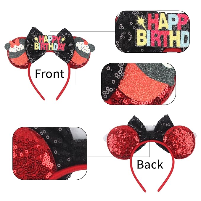 bianbaistar Red Black Sequin Birthday Ear Headband - Cupcake Detail Hair Accessory for Birthday Bash, Theme Park & Celebration Events