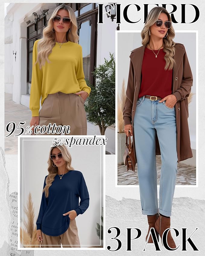 Ficerd 3 Pack Women's Long Sleeve Shirts, Cotton Crew Neck Tunic Tops Casual Loose Fit Pullover Sweatshirts Curved Hem Shirts