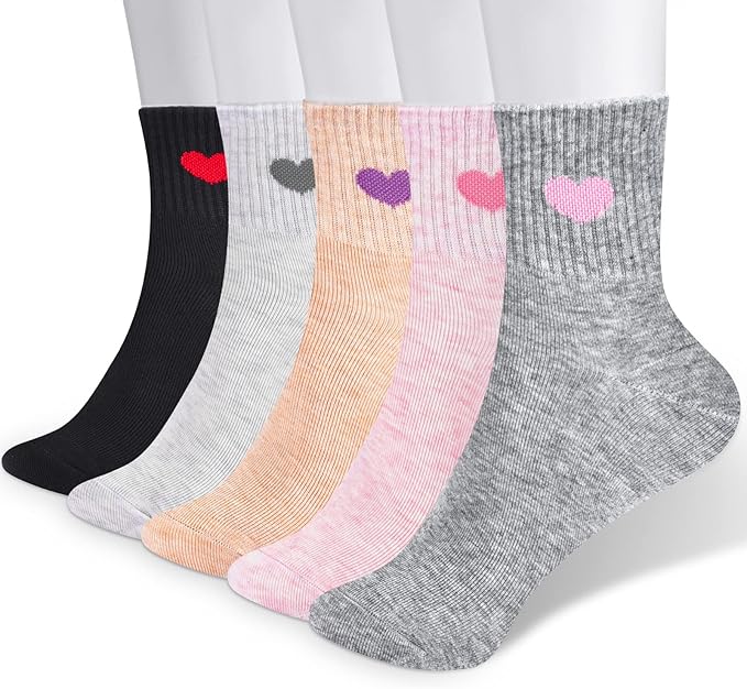 Corlap Women's Cute Cotton Crew Athletic Running Socks - Ankle High, Novelty Fun Heart Design 5-Pairs (Gift Box)