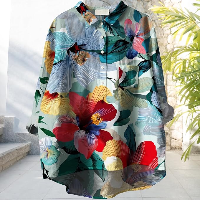 Womens Boho Tops 3/4 Long Sleeve Floral Blouses Hawaii Beach Button Down Shirts V Neck Pullover Casual Tunics