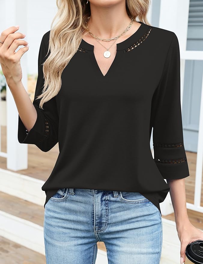 Ivicoer 3/4 Length Sleeve Womens Tops V Neck Lace Embroidered Summer Blouses Loose Fit Tunic Dressy Casual