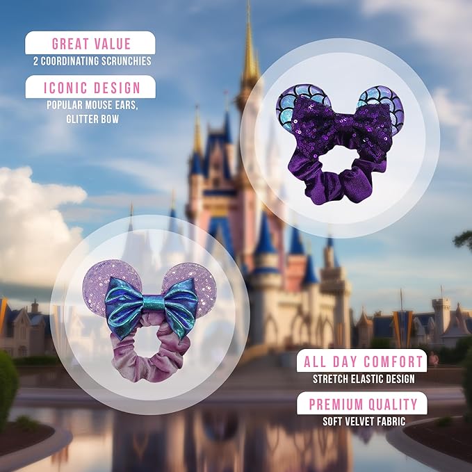 Styla Hair 2pk Mouse Ear Scrunchies for Kids Velvet Hair Bow Scrunchies for Women - Sparkle Sequins Mouse Hair Bands for Pony Tail Minnie Ears (Purple Mermaid)