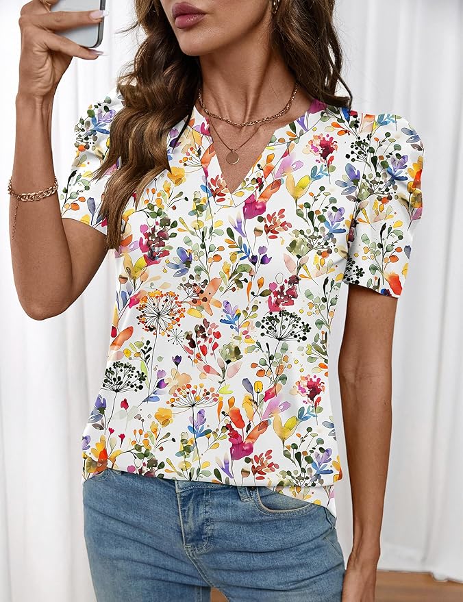 Lomon Spring Summer Tops for Women 2026 V Neck Puff Short Sleeve Tops Fashion Trendy Work Blouses Dressy Casual S-XXL