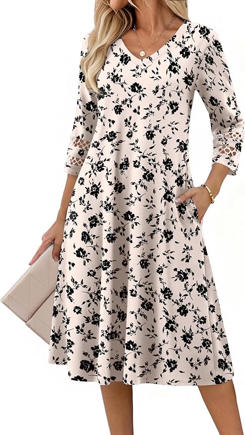 Zeagoo Women's Dresses 3/4 Sleeve Summer Casual V-Neck A Line Flowy Eyelet Midi Dress for Women Beach Vacation Sundress