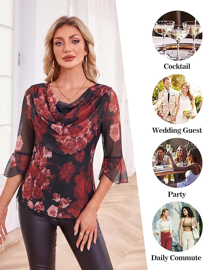 Lotusmile Blouses for Women Dressy Casual 3/4 Sleeve Cowl Neck Sparkly Tops Cocktail Shirts for Evening Party