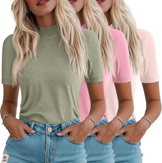 Ficerd 3 Pack Women's 1/2 Sleeve Mock Turtleneck Shirts, Elbow Length Shirt Half Sleeve Tunic Top Casual Summer Basic Tees