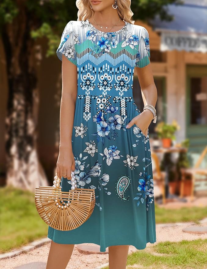 HOTOUCH Women's Summer A-Line Midi Dresses 2026 Casual Floral Short Sleeve T-Shirt Dress Flowy Beach Sundress with Pockets