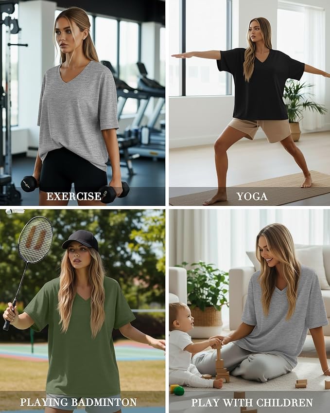 Huukeay Women's Cotton Oversized T Shirts 3 Pack V Neck Loose Fit Half Sleeve Tops Baggy Casual Summer Gym Workout Tees 2026