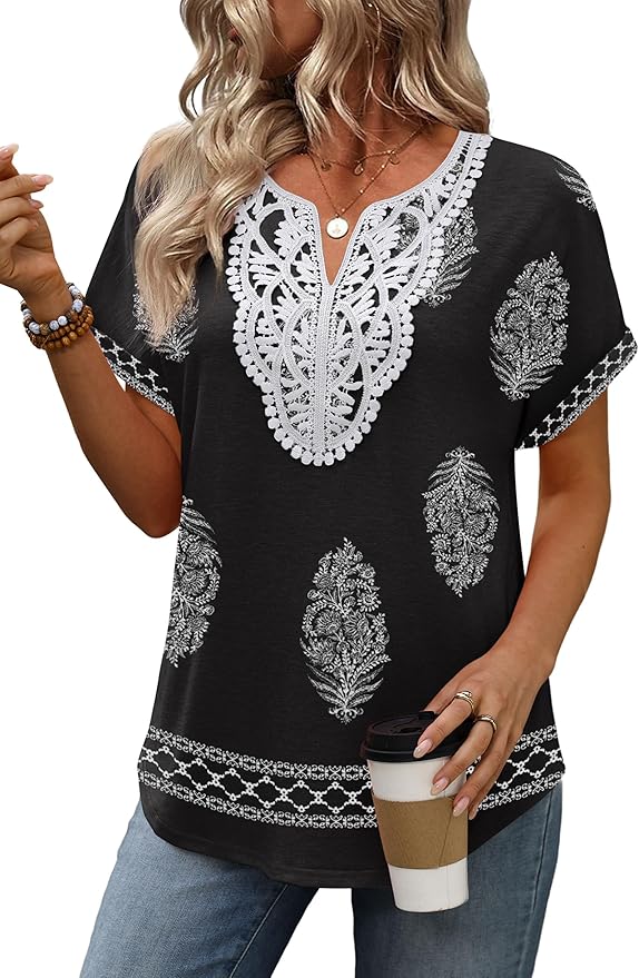 Sipaya Womens Blouses Dressy Casual Summer Shirts Short Sleeve Lace Front Boho Tunic Tops for Leggings Fashion Clothes