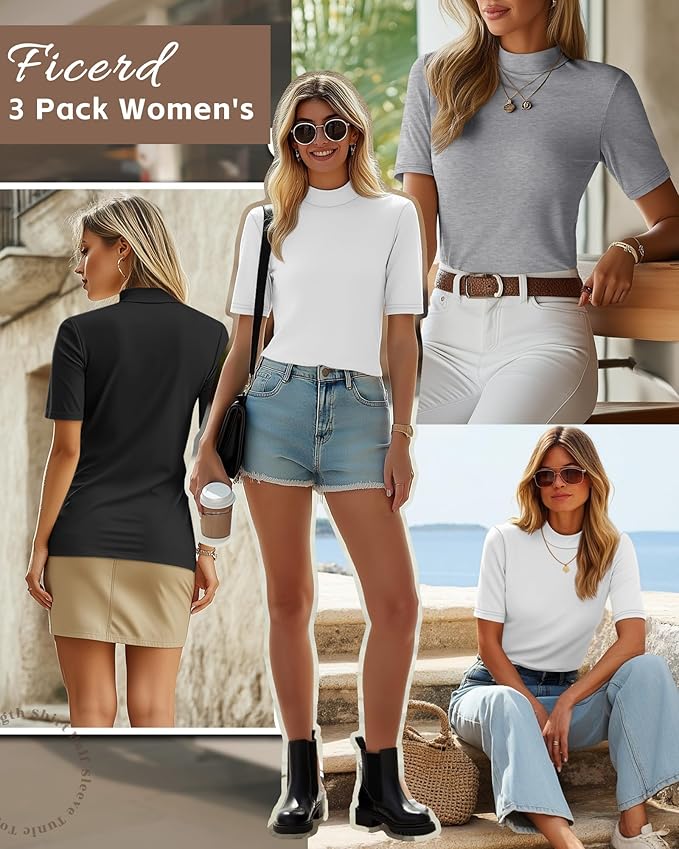 Ficerd 3 Pack Women's 1/2 Sleeve Mock Turtleneck Shirts, Elbow Length Shirt Half Sleeve Tunic Top Casual Summer Basic Tees