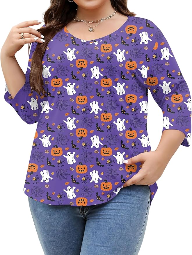 TFSDOD Womens Plus Size Tops V Neck T Shirts 3/4 Sleeve Blouse Summer Casual Tees XL-5X