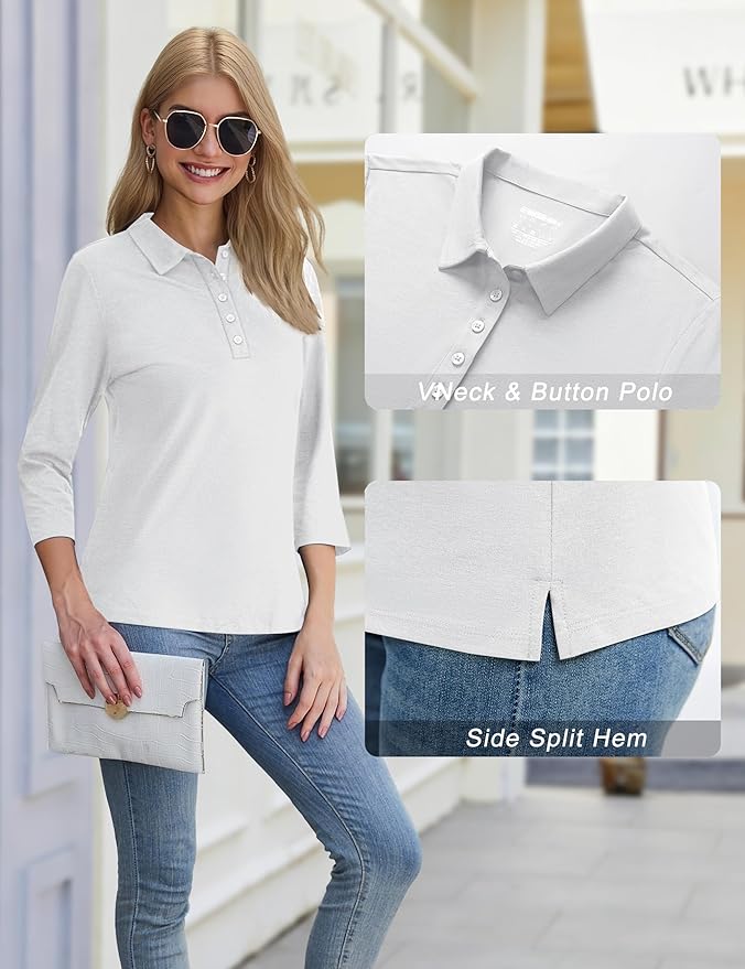 YUCOLEN Polo Shirts for Women 3/4 Sleeve Tops Golf Tees 5-Button Collared Cotton Shirt Business Casual