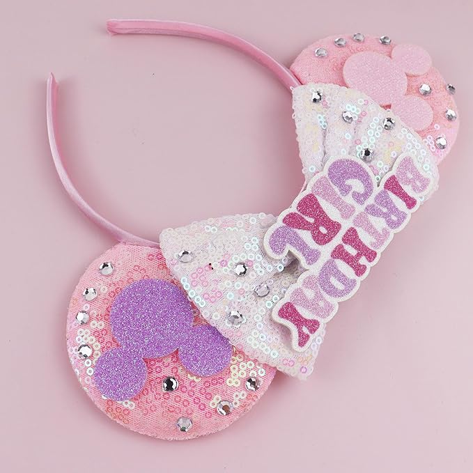 LIHELEI Mouse Ears Headband, Princess Pink Headbands for Women Birthday Party, Sequin Bows Headwear Hair Accessories- BirthdayHeadband