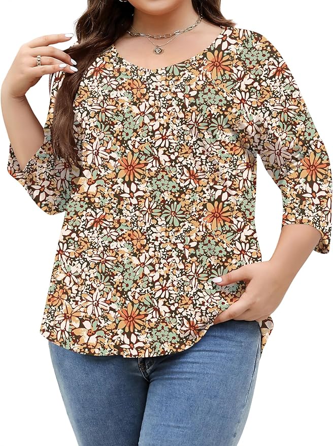TFSDOD Womens Plus Size Tops V Neck T Shirts 3/4 Sleeve Blouse Summer Casual Tees XL-5X