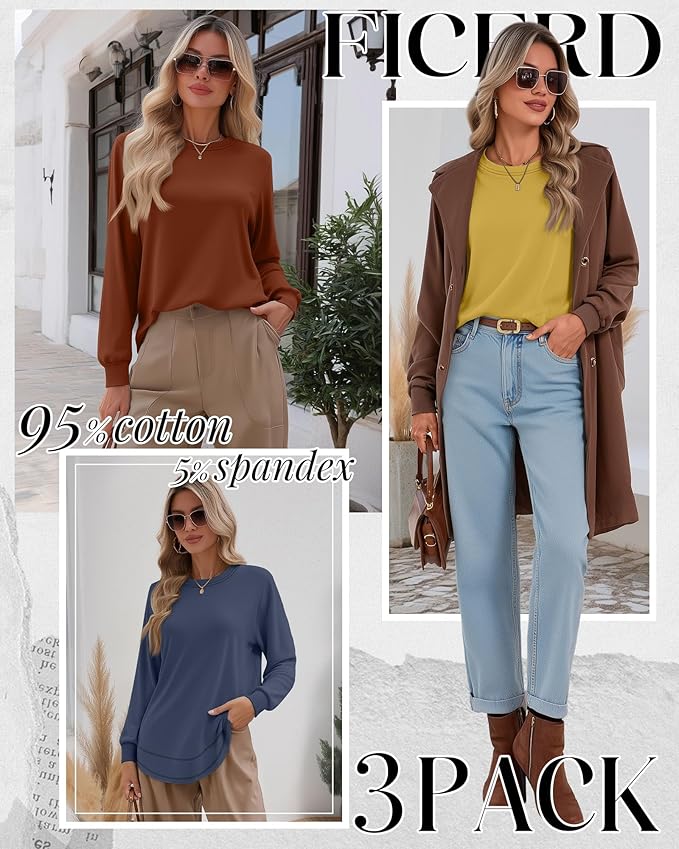 Ficerd 3 Pack Women's Long Sleeve Shirts, Cotton Crew Neck Tunic Tops Casual Loose Fit Pullover Sweatshirts Curved Hem Shirts