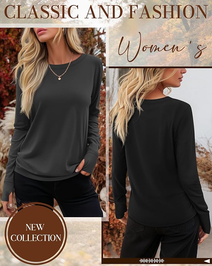 Huukeay 3 Pack Women's Long Sleeve Shirts with Thumb Holes, Cotton Casual Crew Neck Tunic Tops Fall Loose Y2k Trendy Outfits