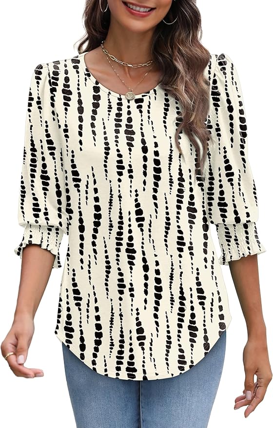 XIEERDUO Blouses for Women Dressy Casual 3/4 Length Sleeve Womens Tops with Smocked Cuffs