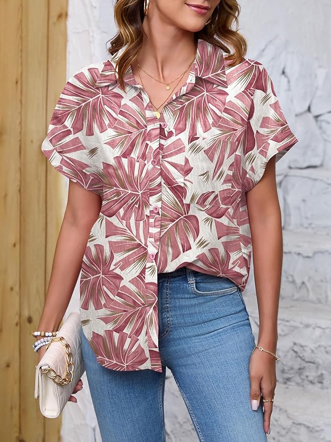Womens Button Down Shirt Casual Short Sleeve Collared Work Blouse with Pocket