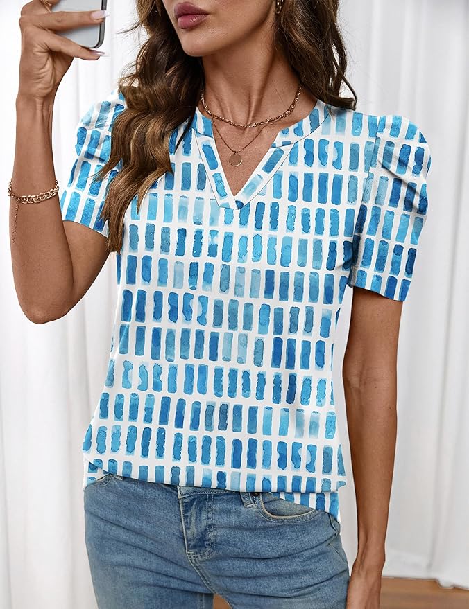 Lomon Spring Summer Tops for Women 2026 V Neck Puff Short Sleeve Tops Fashion Trendy Work Blouses Dressy Casual S-XXL