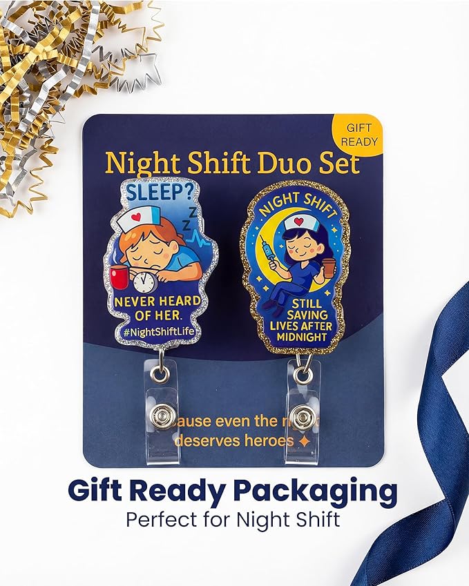 Night Shift Nurse Badge Reel Retractable 2 Pack - Funny Glitter Sleep? ID Name Tag Holder for NOC RN LPN - Cute Labor and Delivery Nurse Accessories - Midwife & ER Nursing Gifts for Work