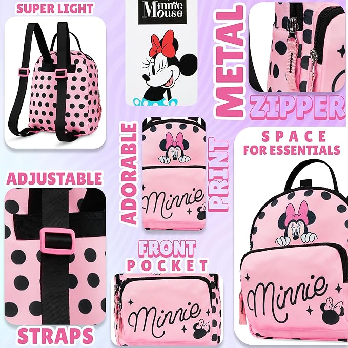 Get Trend Disney Minnie Mouse Mini Backpack for Girls Toddlers 9x7” Travel Bag Cute Bag for Daycare Trips Vacation Fashion Gifts for Girls (Pink Minnie Mouse)