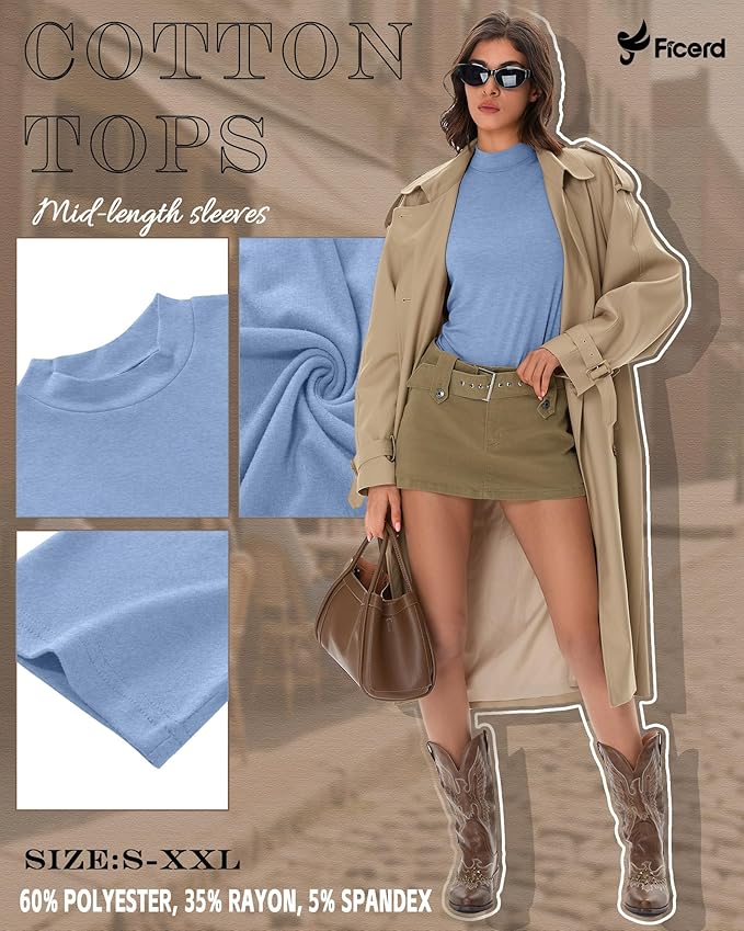 Ficerd 3 Pack Women's 1/2 Sleeve Mock Turtleneck Shirts, Elbow Length Shirt Half Sleeve Tunic Top Casual Summer Basic Tees