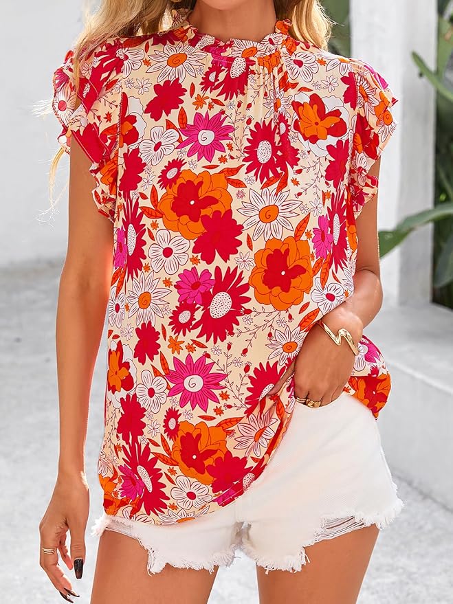 PRETTYGARDEN Women's Ruffle Short Sleeve Summer Tops 2026 Trendy Floral Trim Neck Casual Dressy Chiffon Boho Blouses Shirts