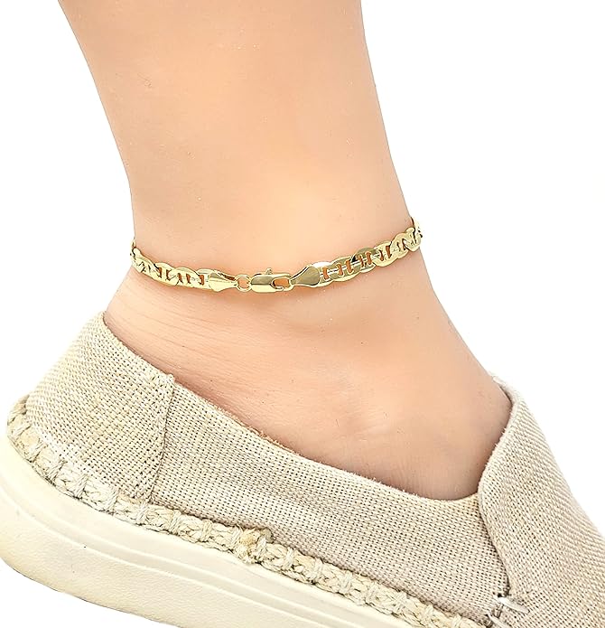 BA UNIQUE FASHION Gold Electroplated Anklet for Women, 9-12 Inch Sizes, Figaro, Cuban, Mariner, Herringbone Design - Made in Korea