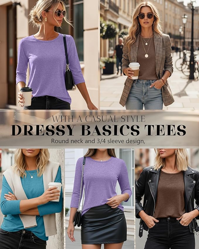 Ficerd 3 Pack 3/4 Sleeve Tops for Women Round Neck Dressy Basics Tees Casual Trendy Loose Fit T Shirts
