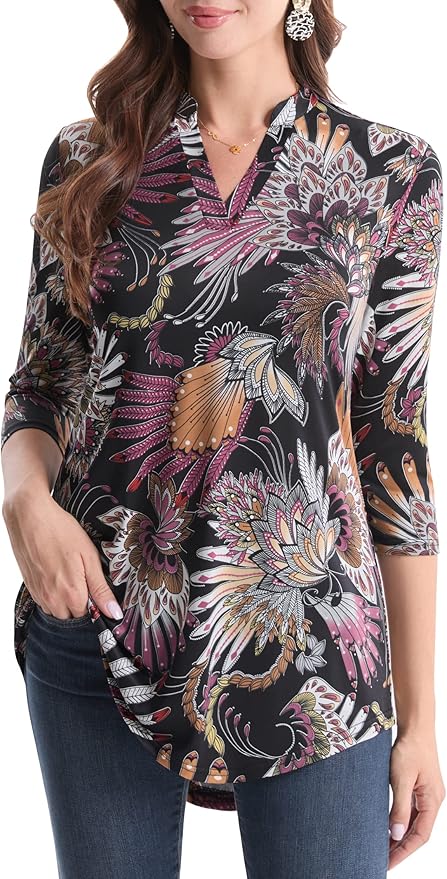 BAISHENGGT 3/4 Sleeve Tops for Women Notch V Neck Floral Work Blouses Dressy Casual Loose Fit Going Out Tunic Tops