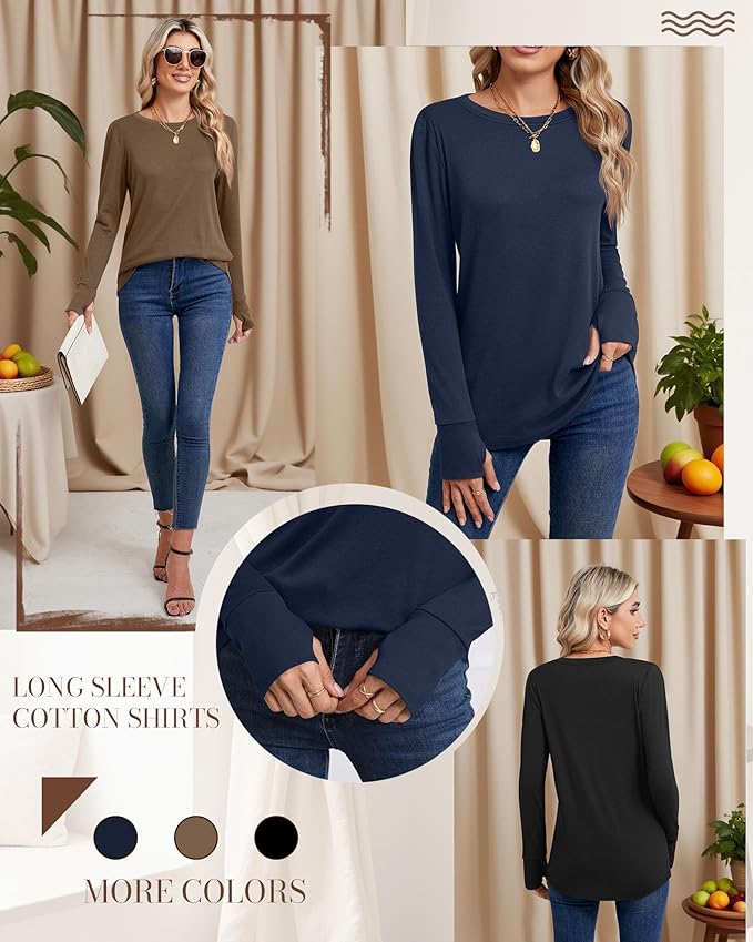 Huukeay 3 Pack Women's Long Sleeve Shirts with Thumb Holes, Cotton Casual Crew Neck Tunic Tops Fall Loose Y2k Trendy Outfits