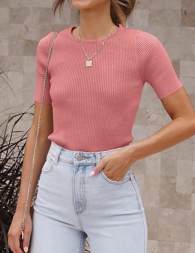 ZESICA Women's Short Sleeve Sweater Tops 2026 Summer Crewneck T Shirt Ribbed Knit Slim Fit Basic Solid Color Tee