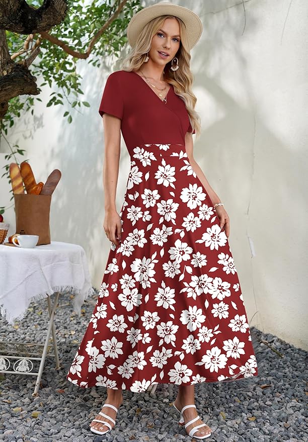 AUSELILY Maxi Dresses for Women Ankle Length Floral Print Beach Long Flowy Dress with Pockets