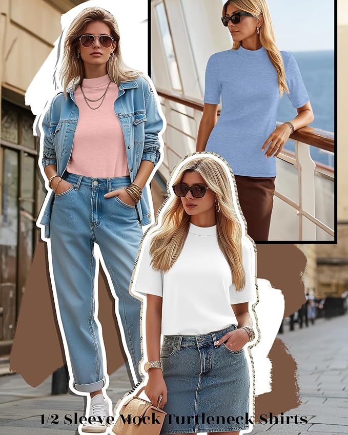 Ficerd 3 Pack Women's 1/2 Sleeve Mock Turtleneck Shirts, Elbow Length Shirt Half Sleeve Tunic Top Casual Summer Basic Tees