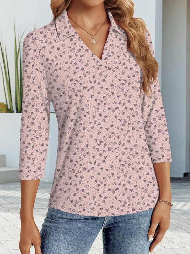 3/4 Length Sleeve Womens Tops Dressy Casual V Neck Polo Shirts Business Work Blouses 2025 Trendy Tunic Top