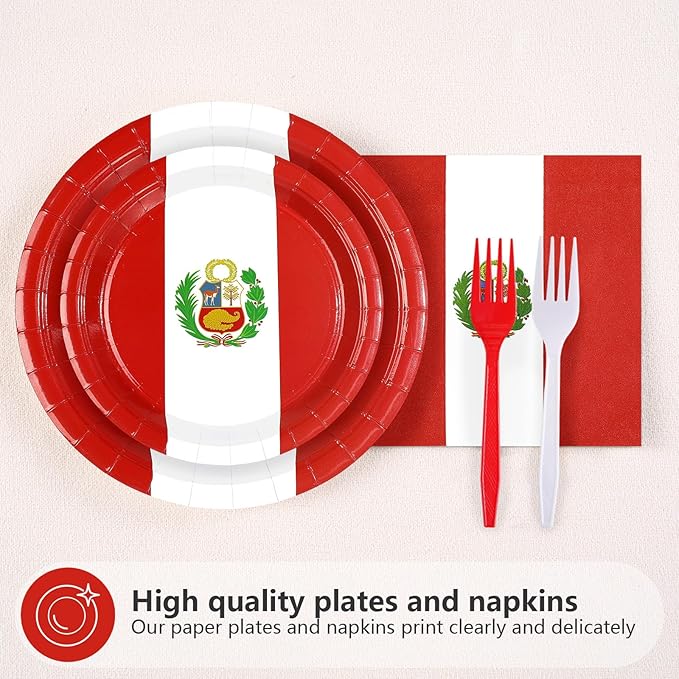 Greencian 96Pcs Peru Flag Party Supplies Peruvian National Day Plates and Napkins Peru Red and White Tableware Set for Peruvian National Sports Events Patriotic Festival Party Decorations，Serves 24