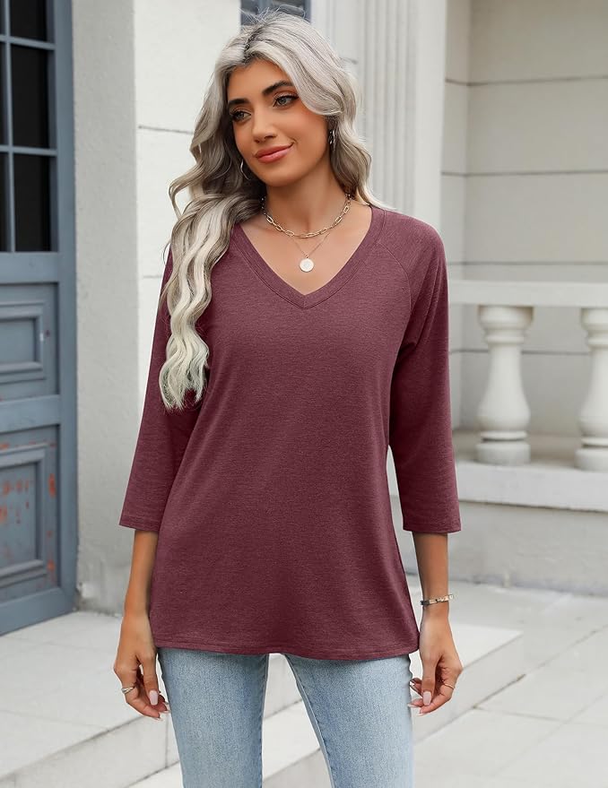 Zeagoo 3/4 Length Sleeve Womens Tops Casual V Neck Shirts Soft Basic Tees Business Work Blouses