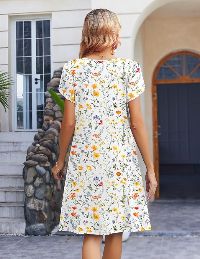 Zeagoo Women's Casual Dresses with Pockets Summer Floral V-Neck A-Line Tshirt Dress Short Sleeve Mini Dress Beach Sundress