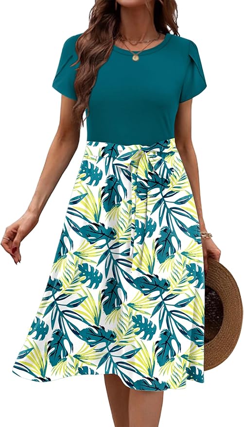 Zeagoo Womens Midi Dress Summer Short Sleeve Dress with Pockets 2025 Casual Floral T-Shirt Dress Flowy Beach Sundress