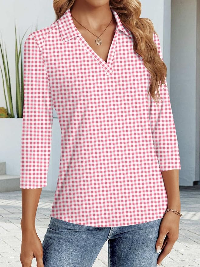 3/4 Length Sleeve Womens Tops Dressy Casual V Neck Polo Shirts Business Work Blouses 2025 Trendy Tunic Top