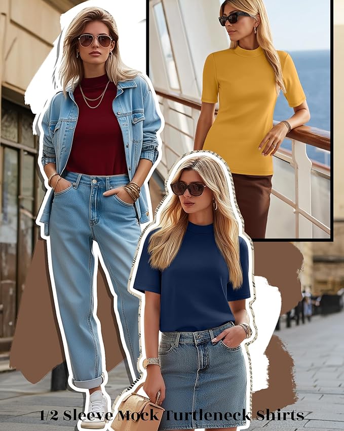 Ficerd 3 Pack Women's 1/2 Sleeve Mock Turtleneck Shirts, Elbow Length Shirt Half Sleeve Tunic Top Casual Summer Basic Tees