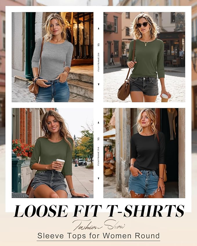 Ficerd 3 Pack 3/4 Sleeve Tops for Women Round Neck Dressy Basics Tees Casual Trendy Loose Fit T Shirts