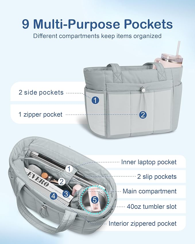 TOPDesign Puffy Tote Bag for Women with Cup Holder & Laptop Compartment & Cosmetic Bag & Trolley Sleeve for Work, Travel