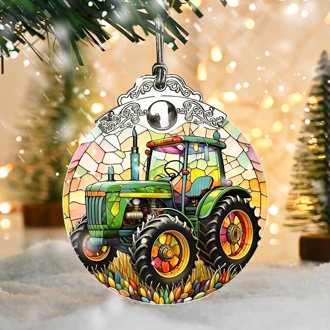 Jocidea Christmas Ornament, Tractor Christmas Decor, Tractor Ornaments for Christmas Tree, Stained Glass Ornament, Tractor Gifts, Holiday Decorations and Xmas Gifts Ideas