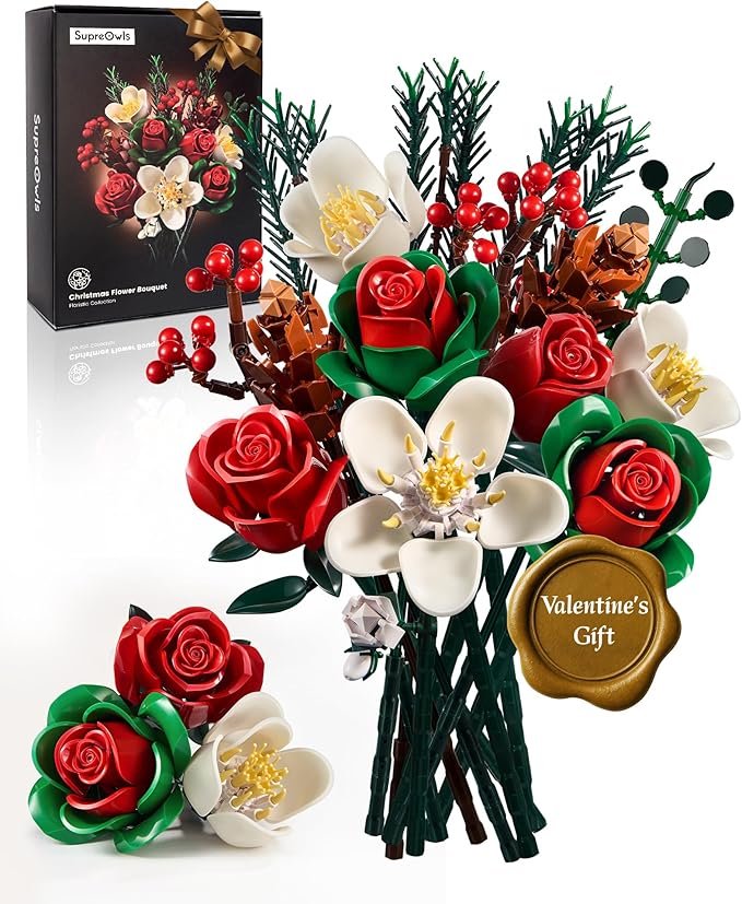 iATOM Valentines Flower Bouquet Building Set, Artificial Roses Botanical Collection for Adults, Gift for Valentine's Day for Her/Mom/Girlfriend/Wife/Couple, Modern Home Office Table Centerpiece Decor