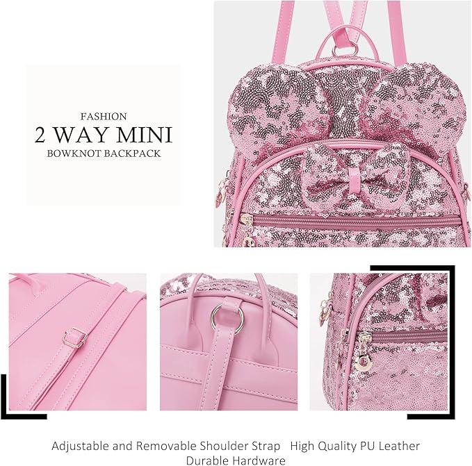 KL928 Girls Mini Backpack Bowknot Polka Dot Cute Daypacks Convertible Shoulder Bag Purse for Women (Sequin Pink)