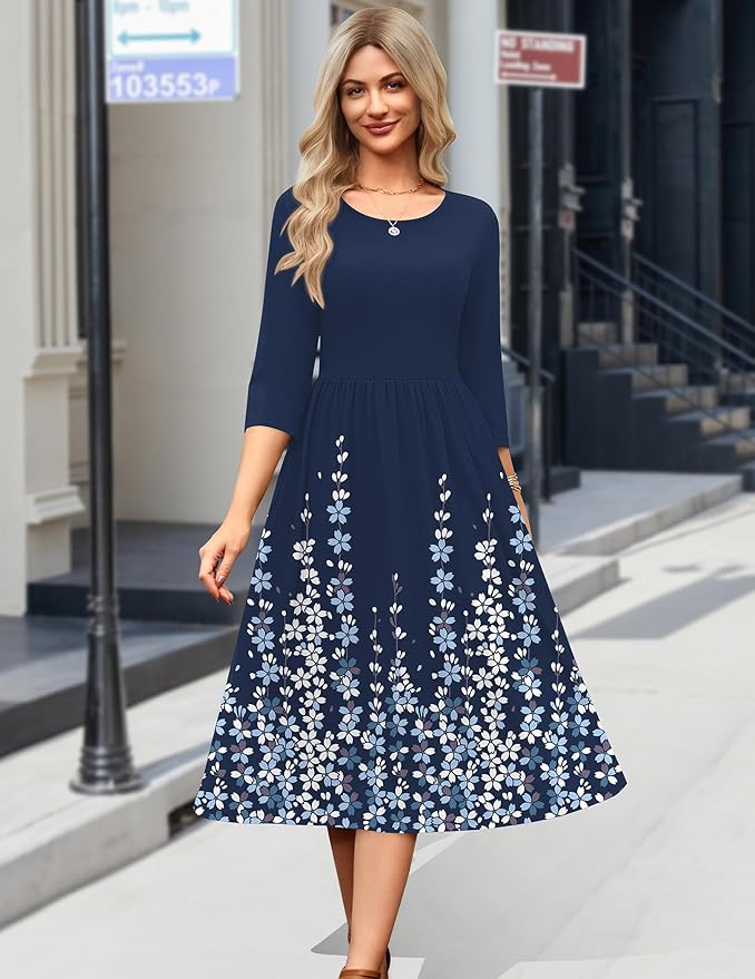 Zeagoo 3/4 Sleeve Women's Dress Casual Flowy A-Line Midi Tshirt Dresses with Pockets Crewneck Vocation Boho Beach Sundress