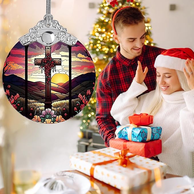 Jocidea Cross Christmas Ornament - Stained Glass Holiday Decoration for Tree, Xmas Gift Idea