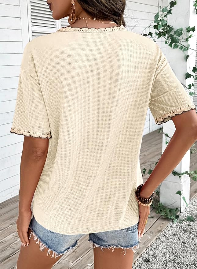 Dokotoo Womens Summer Tops Casual Short Sleeve Lace T-Shirts Solid V Neck Waffle Knit Shirts Blouses